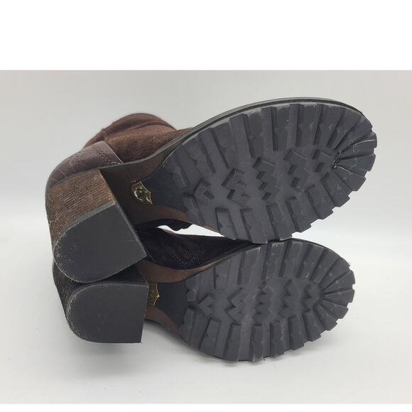 Sam Edelman Brown Suede & Leather Stacked 4" Heel Ankle Booties Lug Sole Sz 7.5 - Picture 9 of 10